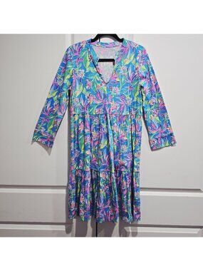 LOFT Ann Taylor - M Petite Floral Dress Women Blue Pink Tiered 3/4 Sleeve.